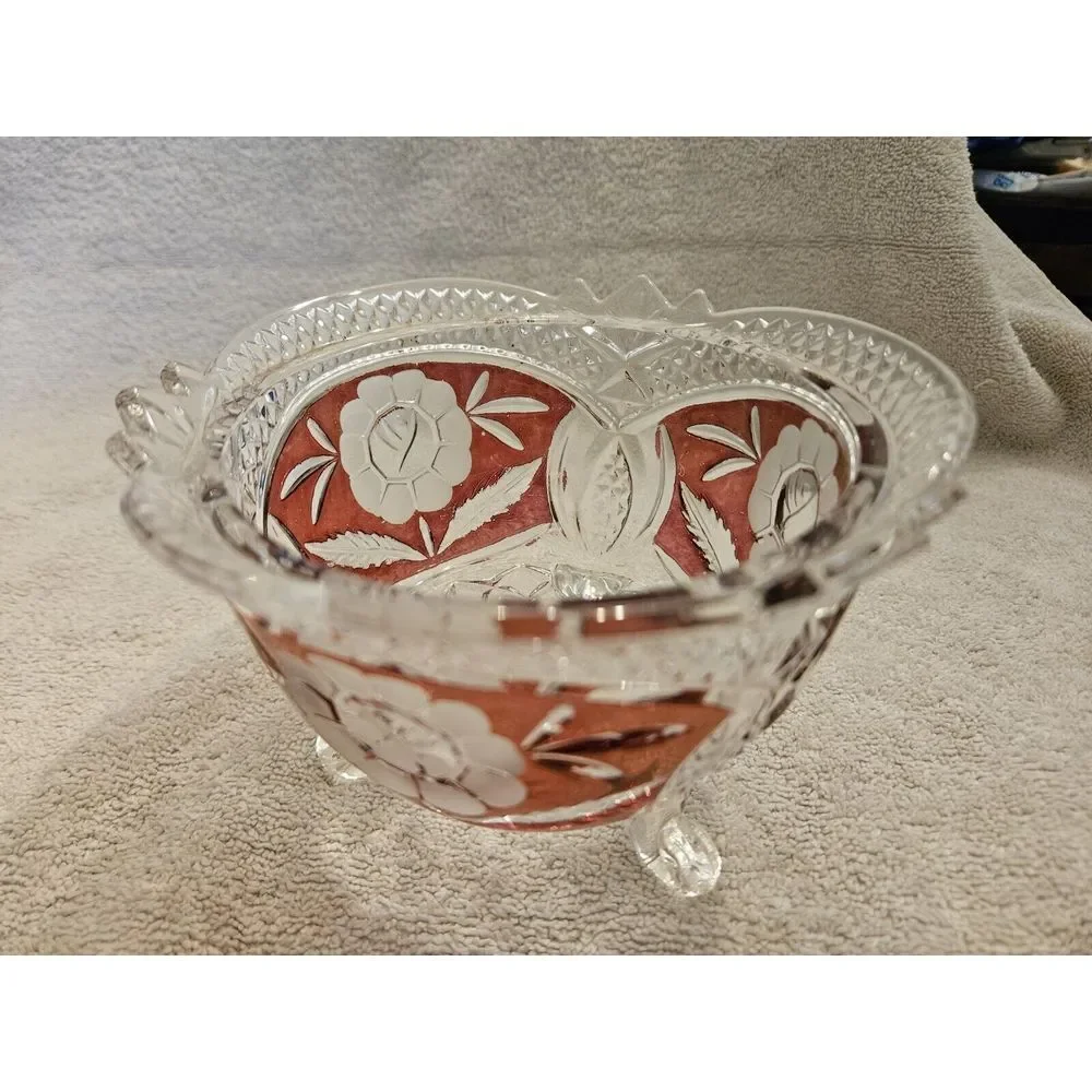 Vintage Anna Hutte Bleikristal Lead Crystal Footed Candy Trinket Dish Ruby Flash